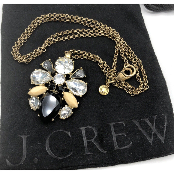 J CREW Pendant Necklace Neutral Crystals Black Clear Tan Antique Gold Tone w Bag - Picture 1 of 10